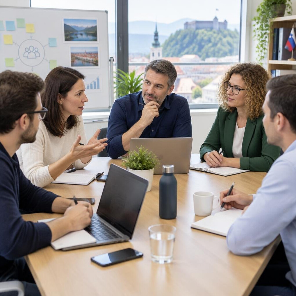Team collaborating around a table with notes
