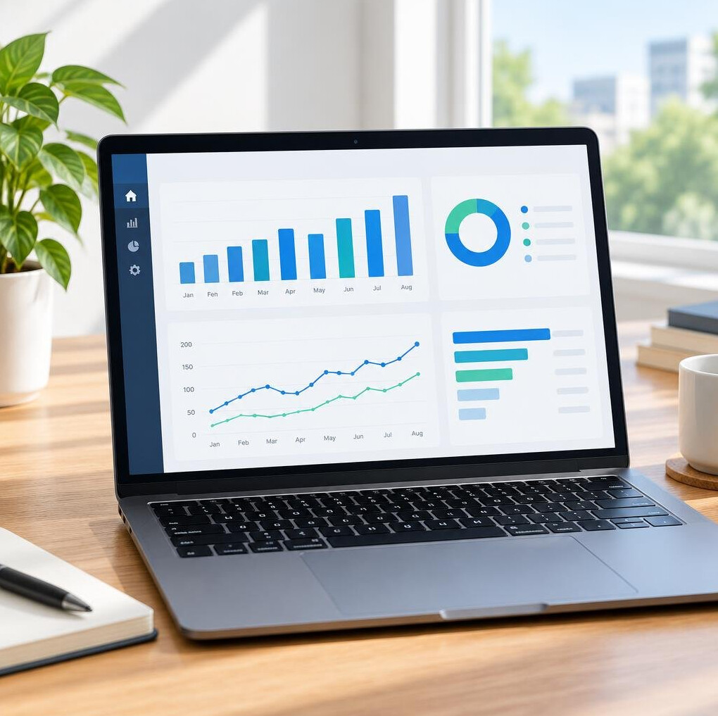 Analytics dashboard with charts on a laptop screen